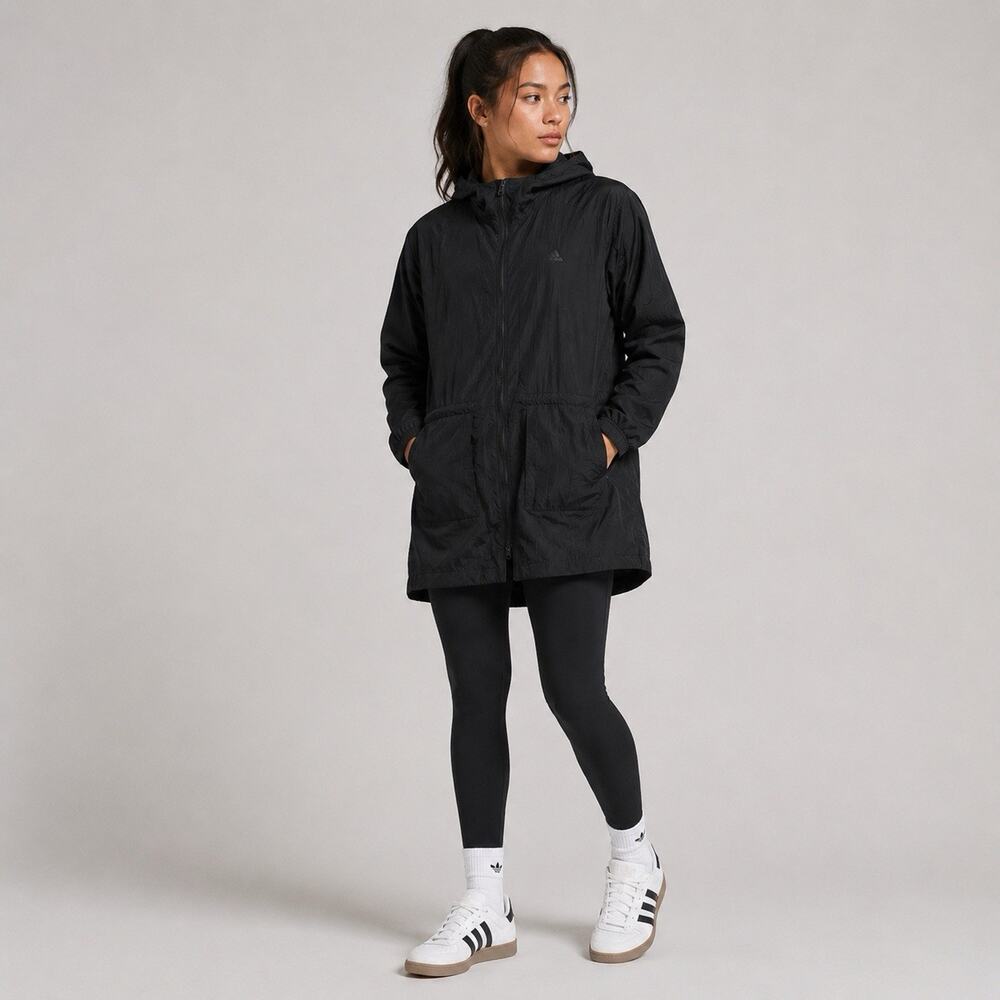 Adidas Black Hooded Nylon Longline Dress Jacket Windbreaker M